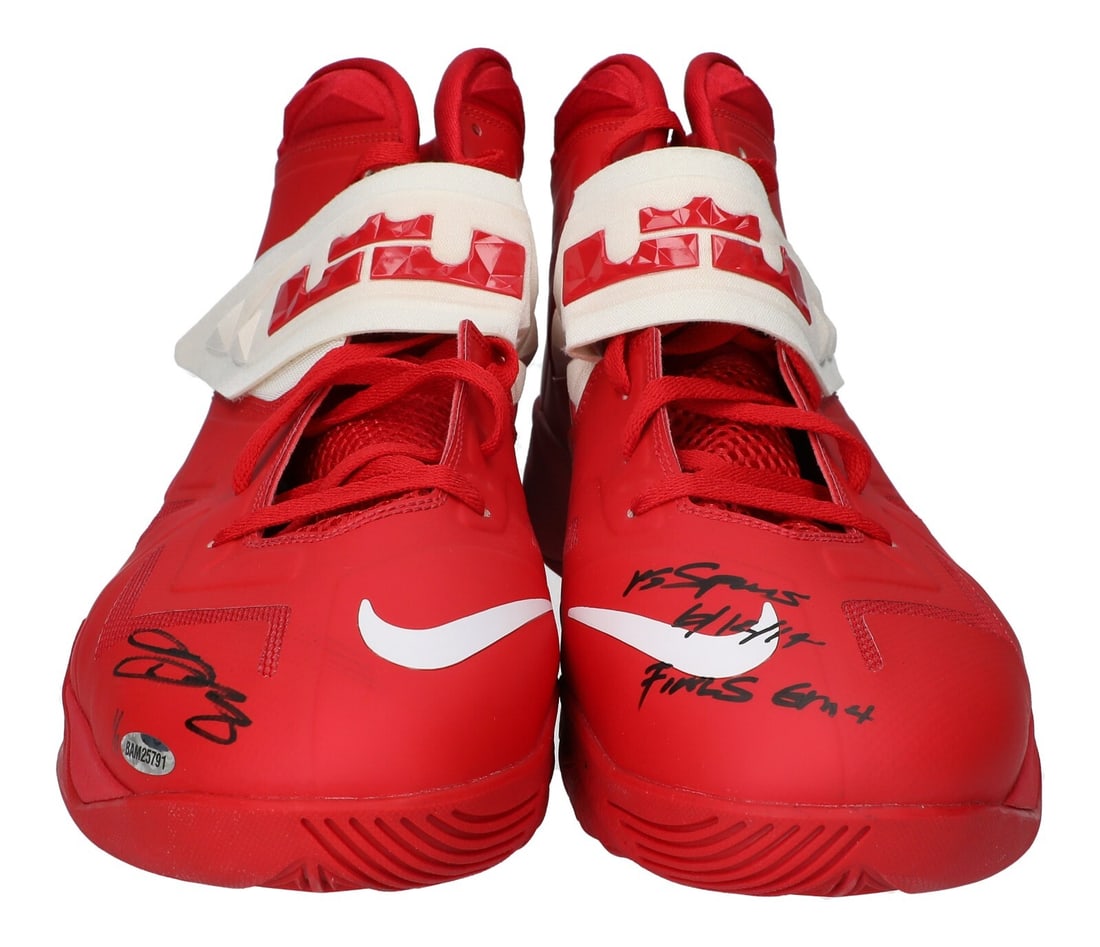 LeBron James 2014 NBA Finals Game Used Signed Sneakers 1/1 UDA COA: LeBron James 2014 NBA Finals Game Used Signed Sneakers 1/1 UDA COA This unique pair of sneakers was worn by LeBron James during Game 4 of the 2014 NBA Finals, where he led the Miami Heat against the S
