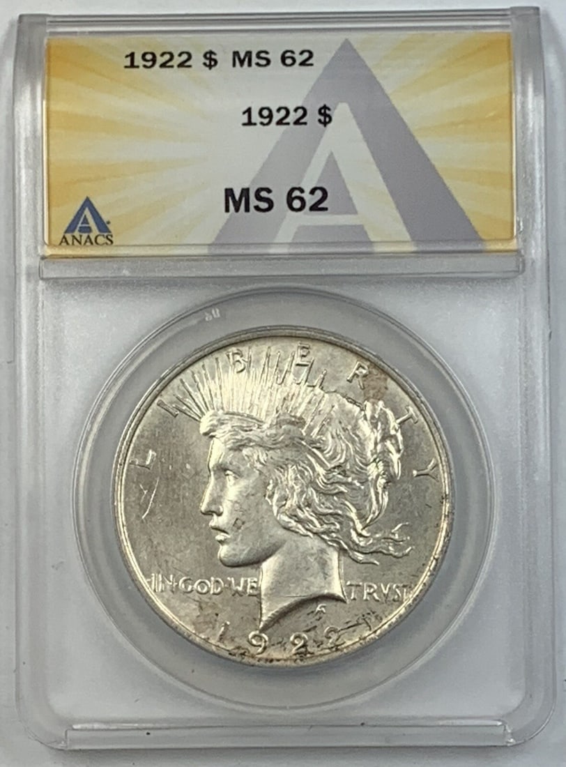 1922 Peace Dollar Silver Coin ANACS MS 62 Certified Uncirculated: 1922 Peace Dollar Silver Coin ANACS MS 62 Certified Uncirculated This is a 1922 Peace Silver $1 Dollar Coin graded MS 62 by ANACS. The coin is uncirculated and composed of silver, originating from the