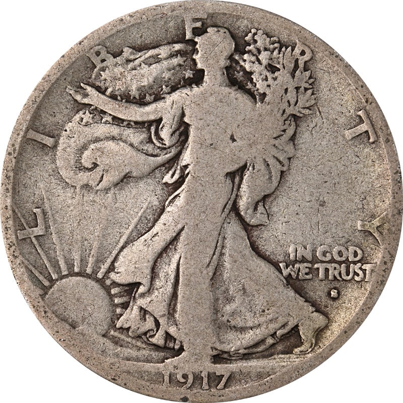1917-S San Francisco Walking Liberty Half Dollar Circulated Silver Coin: 1917-S San Francisco Walking Liberty Half Dollar Circulated Silver Coin This 1917-S Obverse Walking Liberty Half Dollar is a circulated coin featuring strong eye appeal, attractive color, and clean su