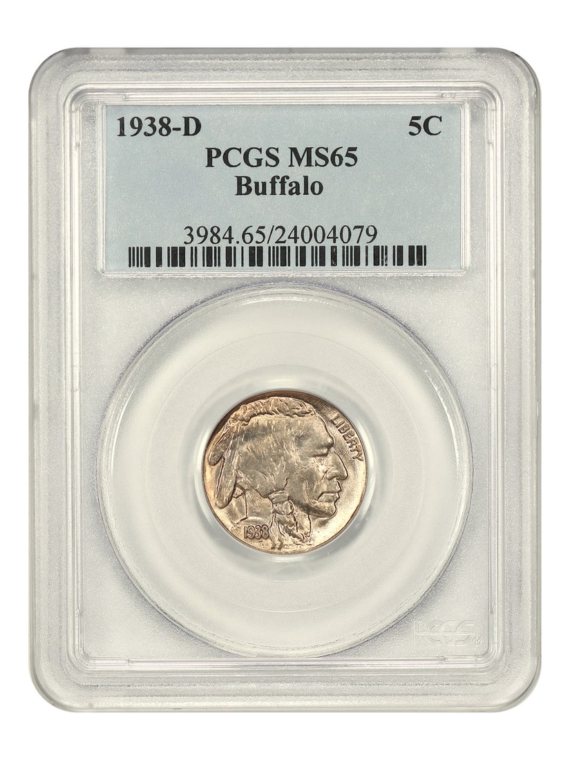 PCGS MS65 1938 Denver Five Cent Buffalo Nickel: PCGS MS65 1938 Denver Five Cent Buffalo Nickel This is a 1938-D Buffalo Nickel graded MS65 by PCGS. It is an uncirculated five-cent coin minted in Denver, featuring the classic Buffalo Nickel design. 