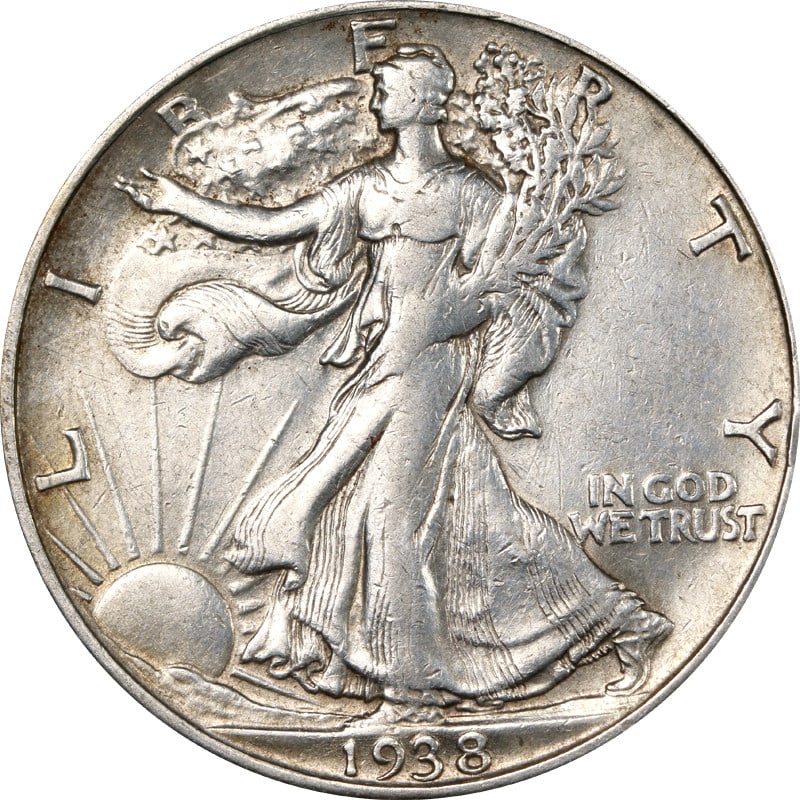 1938 D Silver Walking Liberty Half Dollar Key Date Coin: 1938 D Silver Walking Liberty Half Dollar Key Date Coin This is a 1938-D Walking Liberty Half Dollar, a key date collectible coin from the United States. The coin is composed of 90% silver and was min