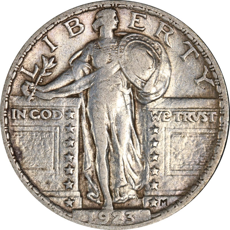 1923 Philadelphia Mint Silver Standing Liberty Quarter Coin: 1923 Philadelphia Mint Silver Standing Liberty Quarter Coin This is a 1923-P Standing Liberty Quarter from the United States, composed of 90% silver. It is a circulated coin and remains uncertified. T