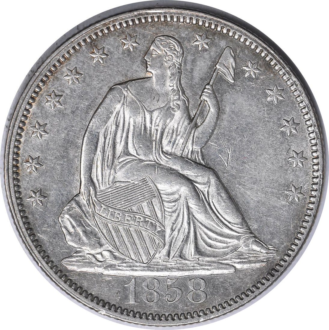 1858 Liberty Seated Half Dollar AU Type 2 Reverse 50C Silver Coin (1 of 2)