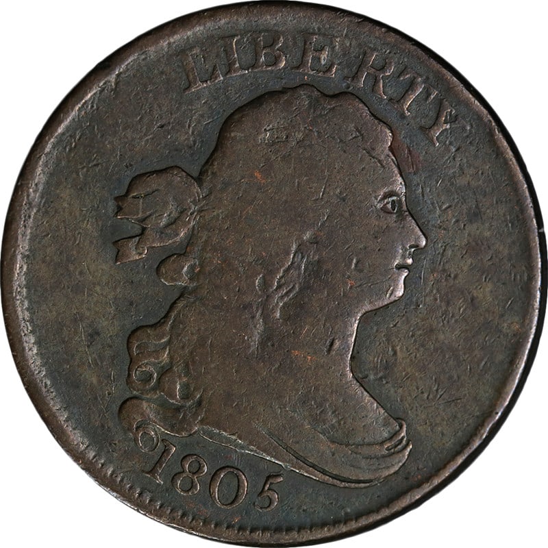 1805 Copper Half Cent C-1 Medium 5 Stemless Wreath Variety VG: 1805 Copper Half Cent C-1 Medium 5 Stemless Wreath Variety VG This 1805 Braided Hair Half Cent features the medium '5' and stemless wreath variety, classified as C-1 R.1. The coin is composed of coppe