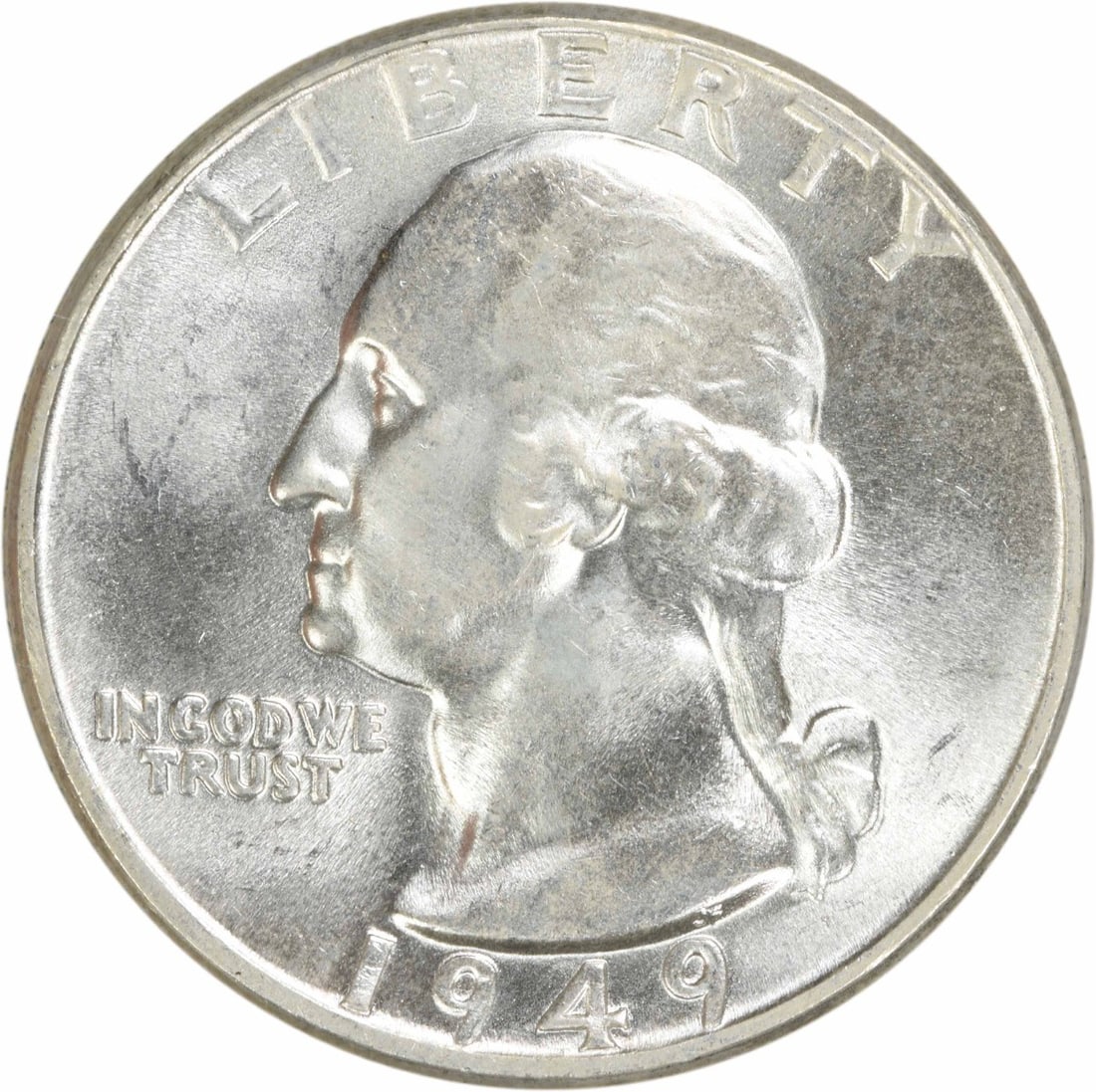 Choice BU Plus 1949 Silver 25C Washington Quarter Uncirculated Uncertified: Choice BU Plus 1949 Silver 25C Washington Quarter Uncirculated Uncertified This is a 1949 Washington Quarter struck in silver. The coin is uncirculated and in Choice BU+ condition, with no certificati