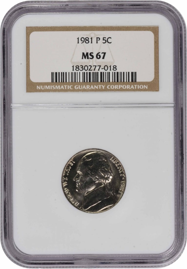 1981 Philadelphia Jefferson Nickel NGC MS67 Certified Five Cent Coin: 1981 Philadelphia Jefferson Nickel NGC MS67 Certified Five Cent Coin This 1981 Jefferson Nickel was struck at the Philadelphia Mint and is certified by NGC with a high grade of MS67. Composed of coppe