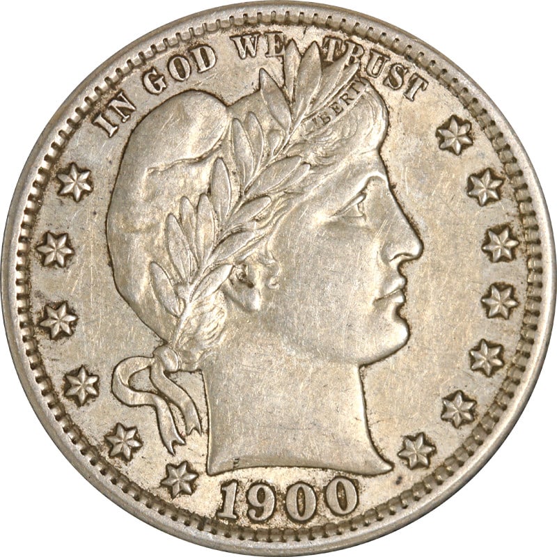 United States 1900 San Francisco Silver Barber Quarter Coin: United States 1900 San Francisco Silver Barber Quarter Coin This 1900-S Barber Quarter is a circulated coin composed of silver with a fineness of 0.9. Minted in the United States at the San Francisco 
