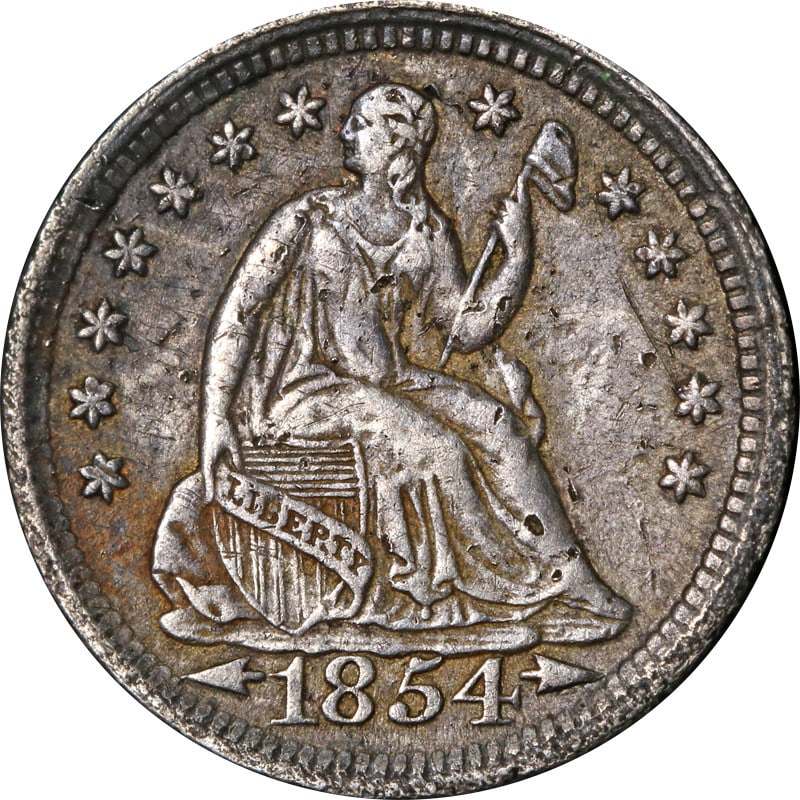 1854 Philadelphia Mint Silver Seated Liberty Half Dime Coin: 1854 Philadelphia Mint Silver Seated Liberty Half Dime Coin This is an 1854-P Seated Liberty Half Dime composed of silver with a fineness of 0.9. Minted in Philadelphia, this circulated coin is from t