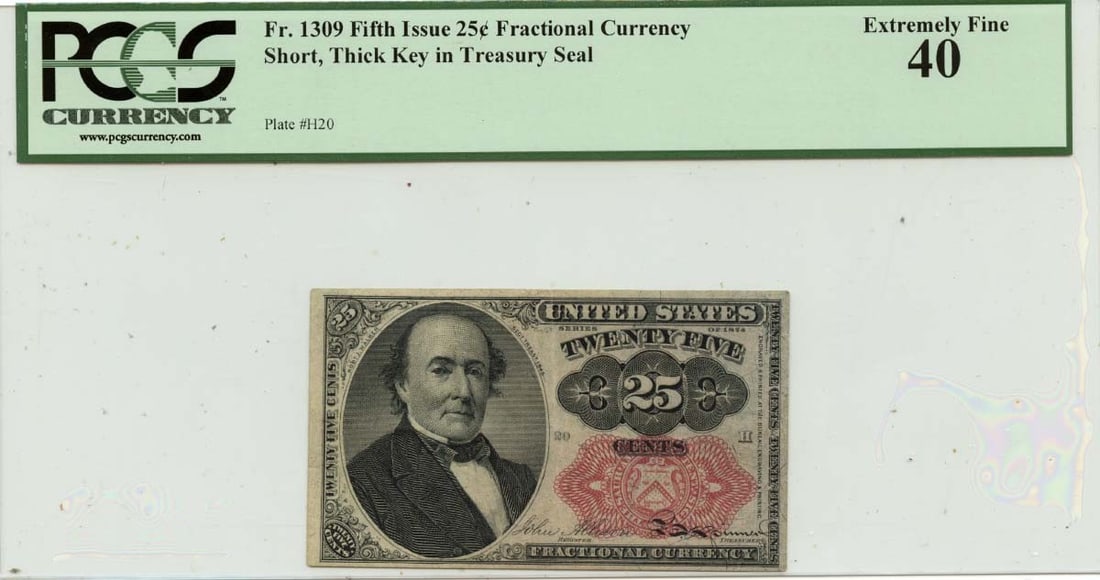 Fifth Issue 25 Cent Fractional Note FR1309 PCGS XF40 Thick Paper: Fifth Issue 25 Cent Fractional Note FR1309 PCGS XF40 Thick Paper This is a Fifth Issue 25 Cents fractional currency note, classified as FR#1309. The note has been professionally graded XF40 by PCGS Cu