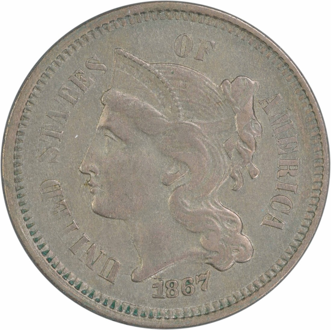 1867 AU Uncertified Three Cent Nickel US Coin #1100: 1867 AU Uncertified Three Cent Nickel US Coin #1100 This 1867 Three Cent Nickel showcases a high level of detail with an AU (About Uncirculated) grade. Struck at the Philadelphia Mint, this coin featu