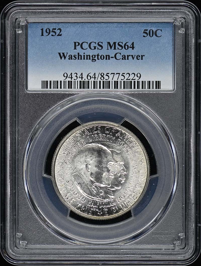 1952 Silver 50 Cent Washington Carver Commemorative PCGS MS64 Coin: 1952 Silver 50 Cent Washington Carver Commemorative PCGS MS64 Coin This 1952 Washington-Carver 50-cent silver commemorative coin is graded MS64 by PCGS. Struck at the Philadelphia Mint, it features a 