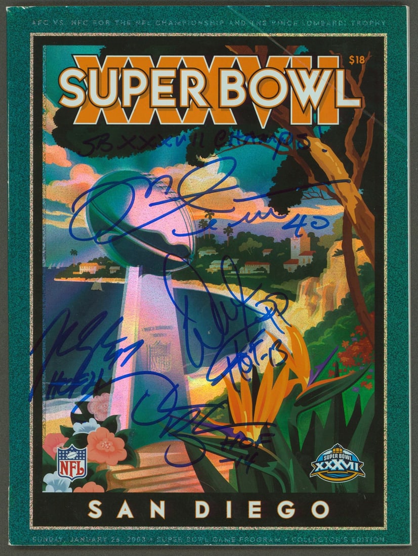 Tampa Bay Buccaneers Signed Super Bowl XXXVII Program with 4 Signatures: Tampa Bay Buccaneers Signed Super Bowl XXXVII Program with 4 Signatures This original Super Bowl XXXVII program is personally signed by four iconic players from the Tampa Bay Buccaneers: Warren Sapp, 