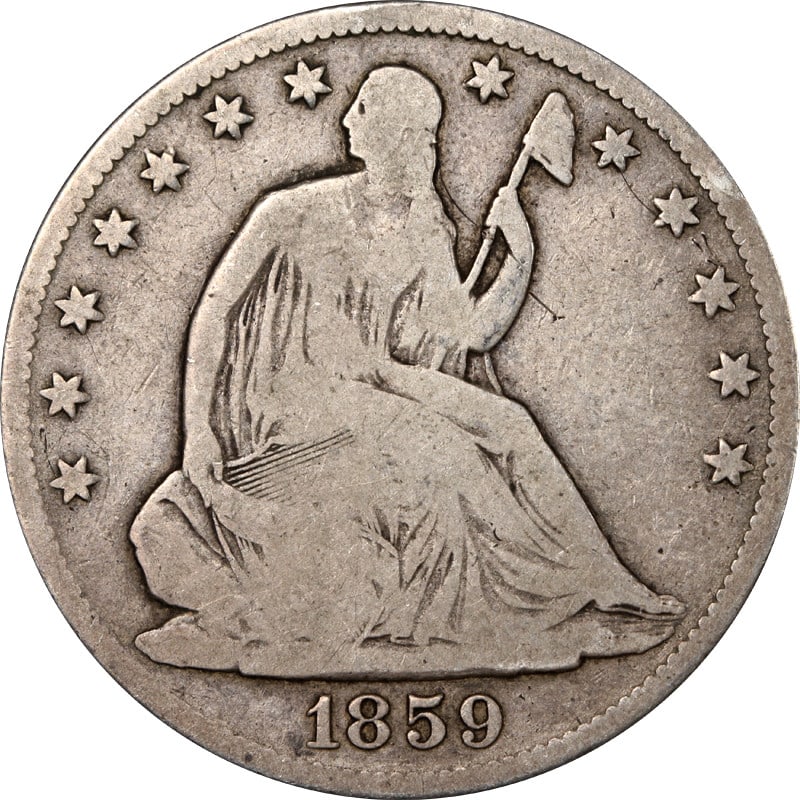 Silver 1859 O Mint Seated Liberty Half Dollar United States Coin: Silver 1859 O Mint Seated Liberty Half Dollar United States Coin This 1859-O Seated Half Dollar is a circulated silver coin from the United States, produced at the New Orleans Mint. It features a fine