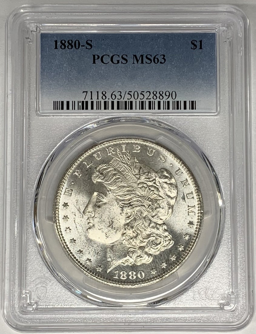 PCGS MS 63 Certified 1880-S Morgan Silver Dollar from United States: PCGS MS 63 Certified 1880-S Morgan Silver Dollar from United States This is an 1880-S Morgan Silver Dollar from the United States, graded MS 63 by PCGS. The coin is uncirculated and composed of silver