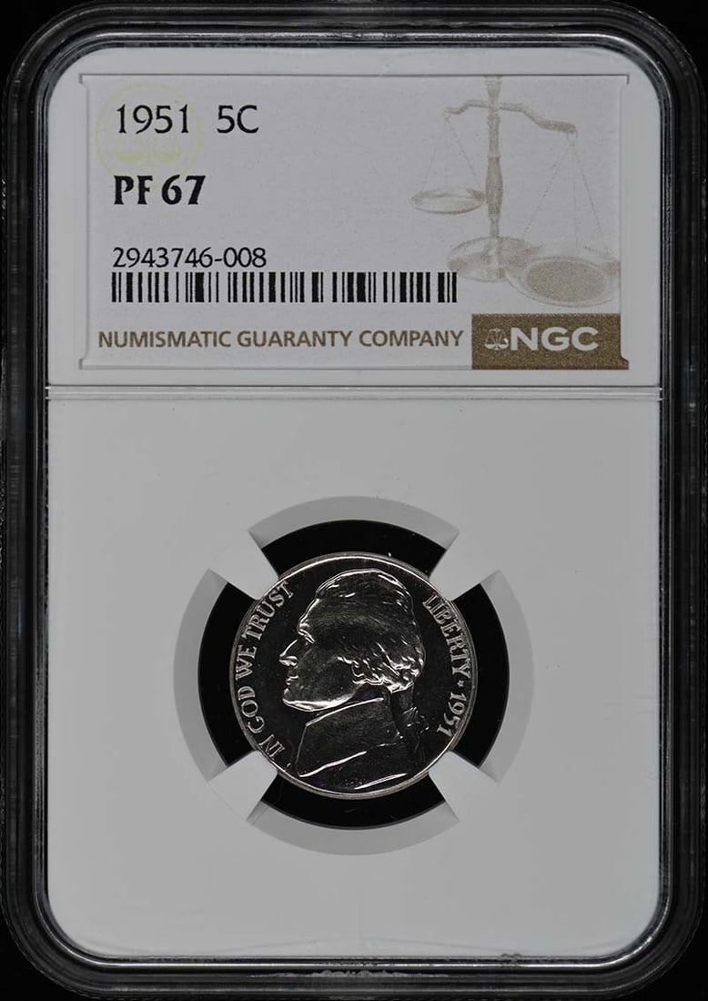 1951 Jefferson Nickel NGC PR67 Proof Uncirculated Coin: 1951 Jefferson Nickel NGC PR67 Proof Uncirculated Coin This 1951 Jefferson Nickel is a stunning example of numismatic artistry, certified by NGC with a grade of PR67, indicating its excellent conditio