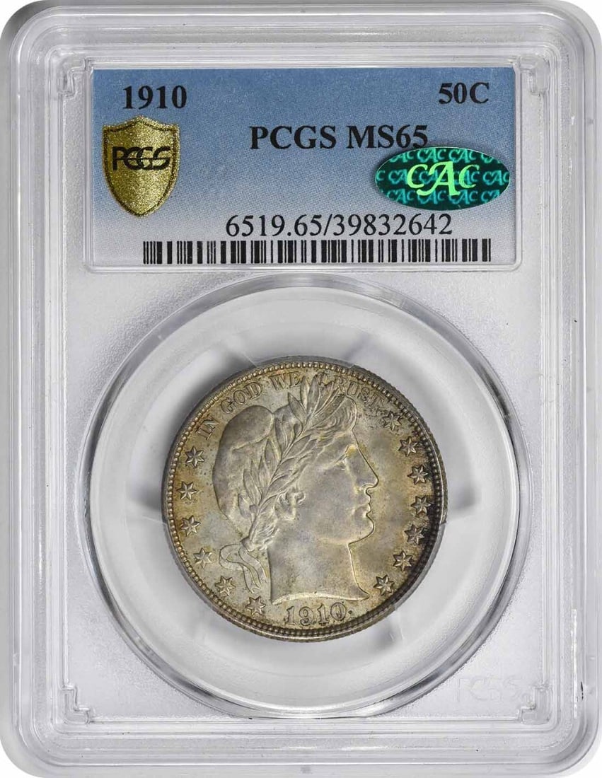 1910 Barber Half Dollar MS65 CAC Certified by PCGS: 1910 Barber Half Dollar MS65 CAC Certified by PCGS This is a 1910 Barber Half Dollar coin, graded MS65 by PCGS and approved by CAC. It is uncirculated and was minted in Philadelphia. The coin is compo