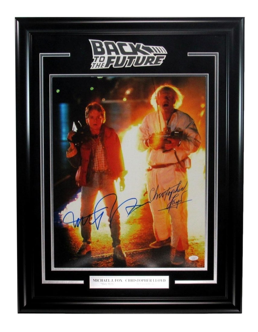 Michael J Fox Christopher Lloyd Dual-Signed Framed Photo JSA Certified 16x20: Michael J Fox Christopher Lloyd Dual-Signed Framed Photo JSA Certified 16x20 This is an original 16x20 photograph from "Back to the Future," dual-signed by the iconic stars Michael J. Fox and Christop