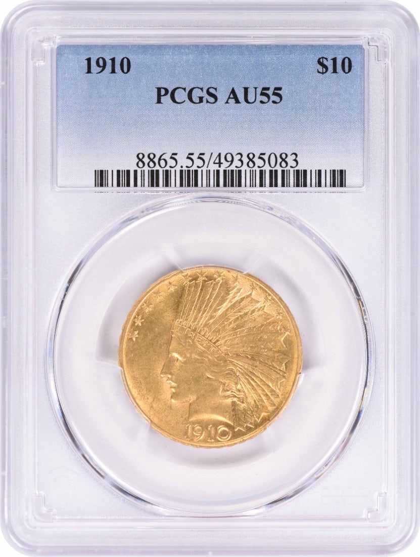 1910 $10 Gold Indian Coin AU55 PCGS by Saint Gaudens: 1910 $10 Gold Indian Coin AU55 PCGS by Saint Gaudens This exquisite 1910 $10 Gold Indian coin is graded AU55 by PCGS, showcasing its exceptional quality. The coin features the renowned design by Augus