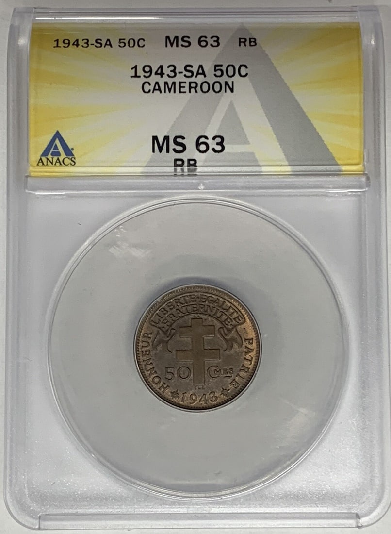 Copper 1943-SA Cameroon 50 Centimes ANACS MS 63 RB Certified Coin (1 of 2)
