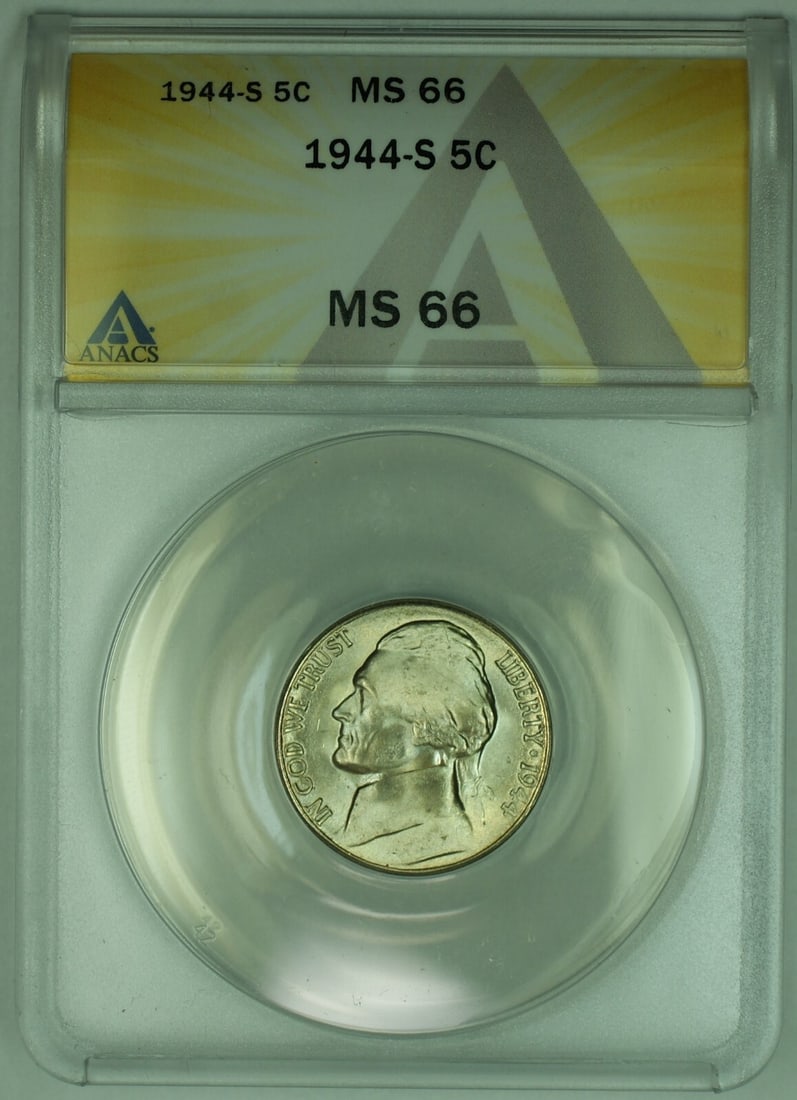 1944-S Five Cent Silver Jefferson Nickel ANACS MS 66 Certified: 1944-S Five Cent Silver Jefferson Nickel ANACS MS 66 Certified This is a 1944-S Jefferson Silver Nickel with a denomination of 5 cents, issued in the United States. The coin is composed of silver, has