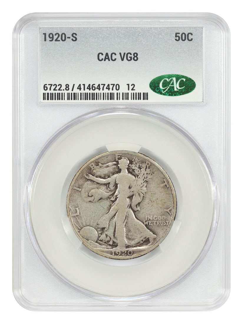 CACG Graded 1920 San Francisco Walking Liberty Half Dollar VG08: CACG Graded 1920 San Francisco Walking Liberty Half Dollar VG08 This 1920-S Walking Liberty Half Dollar is a scarce date coin, graded VG08 by CACG. It is a circulated example minted in San Francisco, 
