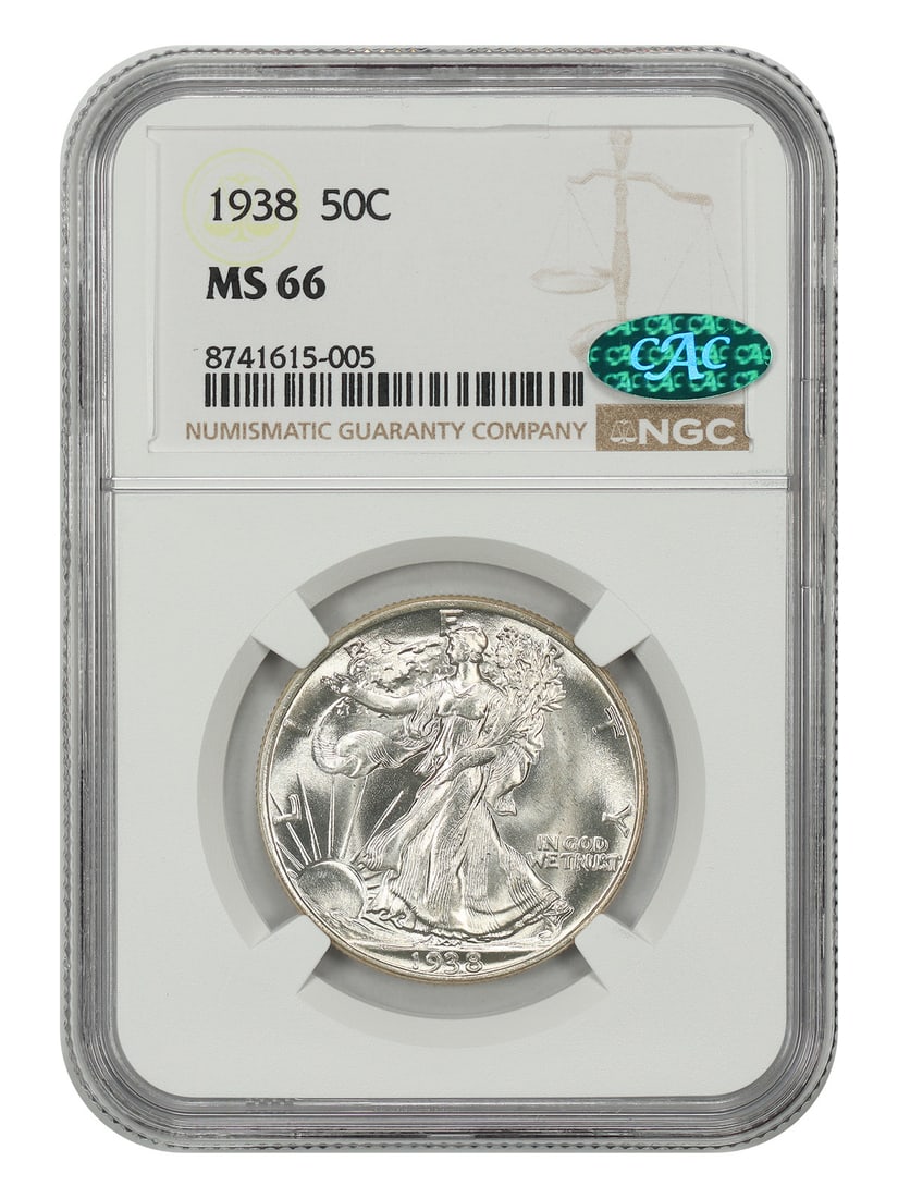 1938 Walking Liberty Half Dollar NGC CAC MS66 Philadelphia Mint: 1938 Walking Liberty Half Dollar NGC CAC MS66 Philadelphia Mint This 1938 Walking Liberty Half Dollar is graded MS66 by NGC and features CAC approval. Struck in Philadelphia, this uncirculated coin is
