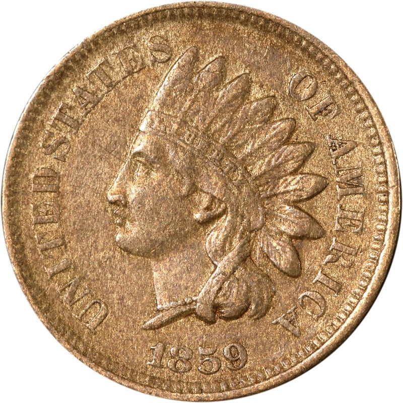 1859 Copper United States Indian Head Cent Circulated Coin: 1859 Copper United States Indian Head Cent Circulated Coin This 1859 Indian Cent is composed of copper and was minted in the United States. The coin is circulated and uncertified, offering collectors 