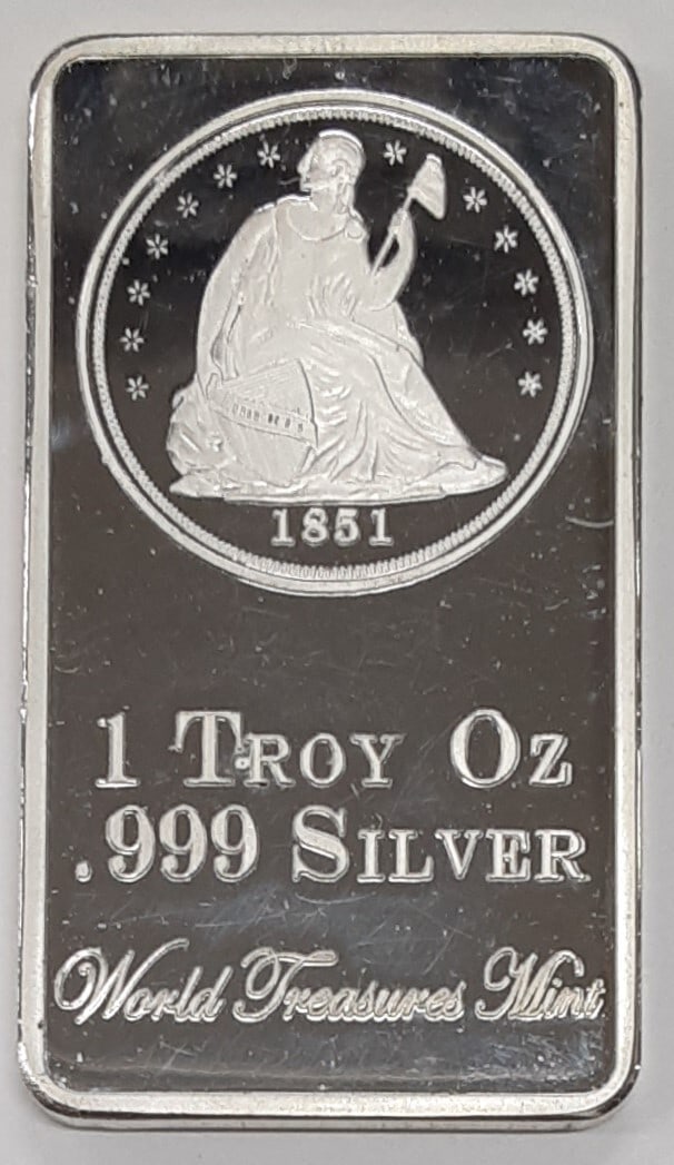 1851 Seated Liberty Dollar Design Silver Clad 1 Oz Bar by World Treasures Mint (1 of 2)