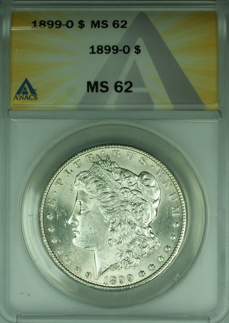 1899-O Morgan Dollar ANACS MS62 Certified Silver $1 Coin New Orleans Mint: 1899-O Morgan Dollar ANACS MS62 Certified Silver $1 Coin New Orleans Mint This is an 1899-O Morgan Silver Dollar $1 coin, certified by ANACS with a grade of MS-62. Minted in New Orleans, this uncircul