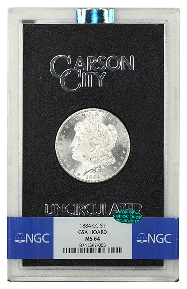 1884 Carson City Morgan Silver Dollar NGC CAC MS64 with GSA Box and COA: 1884 Carson City Morgan Silver Dollar NGC CAC MS64 with GSA Box and COA This is an 1884-CC Morgan Dollar certified by NGC with a CAC sticker, graded MS64. The coin is uncirculated and originates from 