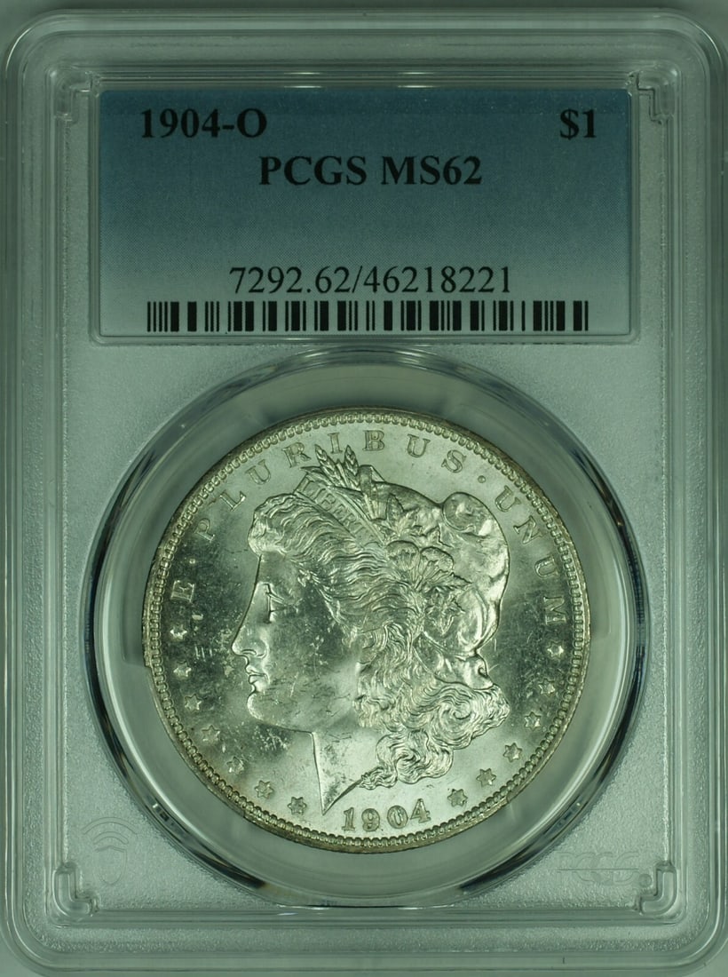 PCGS MS-62 1904-O Morgan Dollar Uncirculated New Orleans Silver Coin: PCGS MS-62 1904-O Morgan Dollar Uncirculated New Orleans Silver Coin This is a 1904-O Morgan Silver Dollar coin, certified by PCGS with a grade of MS-62. Minted in New Orleans, this uncirculated coin 