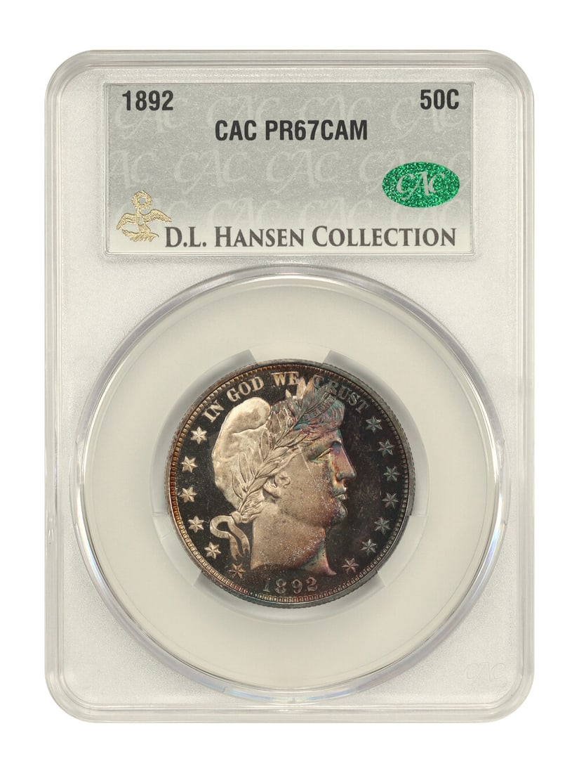1892 Barber Half Dollar PR67CAM CACG First Year Proof: 1892 Barber Half Dollar PR67CAM CACG First Year Proof This exceptional 1892 Barber Half Dollar is a first-year proof issue, certified by CACG with a grade of PR67CAM. It features impressive water refl