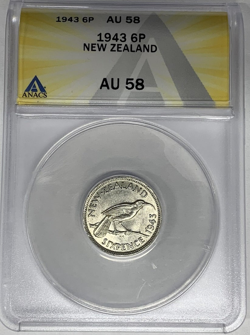 ANACS AU 58 Certified 1943 New Zealand 6 Pence Coin (1 of 2)