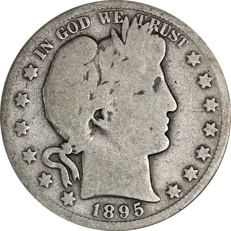 1895 San Francisco Silver Barber Half Dollar United States Coin: 1895 San Francisco Silver Barber Half Dollar United States Coin This is a circulated 1895-S Barber Half Dollar composed of 90% silver. Minted in San Francisco in 1895, this pre-owned coin originates f