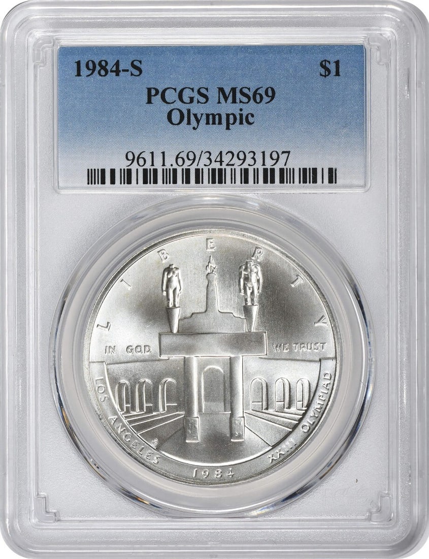 PCGS MS69 1984 San Francisco Olympic Silver Dollar Commemorative Coin: PCGS MS69 1984 San Francisco Olympic Silver Dollar Commemorative Coin This 1984-S Olympic Silver Commemorative Dollar is a PCGS-certified coin graded Mint State 69. Struck at the San Francisco Mint, t