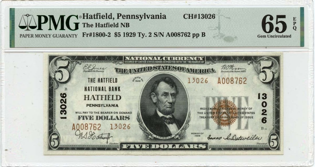 1929 $5 National Bank Note Hatfield PA PMG Gem 65 EPQ: 1929 $5 National Bank Note Hatfield PA PMG Gem 65 EPQ This remarkable 1929 $5 note, featuring the Hatfield NB of Hatfield, PA, is a true collector's gem. Graded PMG Gem 65 EPQ, this uncirculated bill 