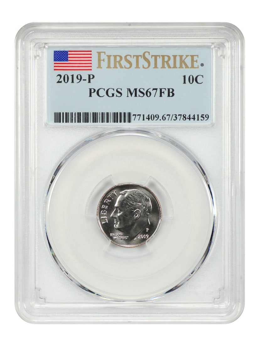 PCGS MS67FB First Strike 2019 Philadelphia Roosevelt Dime 10C: PCGS MS67FB First Strike 2019 Philadelphia Roosevelt Dime 10C This is a 2019-P Roosevelt Dime graded MS67FB (Full Bands) by PCGS, featuring the First Strike designation. The coin is uncirculated and w