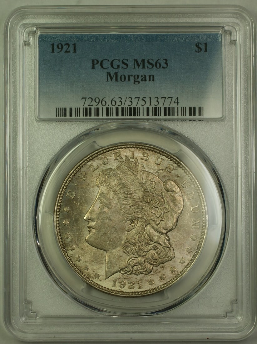 PCGS MS-63 1921 Morgan Dollar Silver Coin with Light Toning: PCGS MS-63 1921 Morgan Dollar Silver Coin with Light Toning This 1921 Morgan Silver Dollar is an uncirculated $1 coin from the United States, minted in Philadelphia. Certified by PCGS with a grade of 