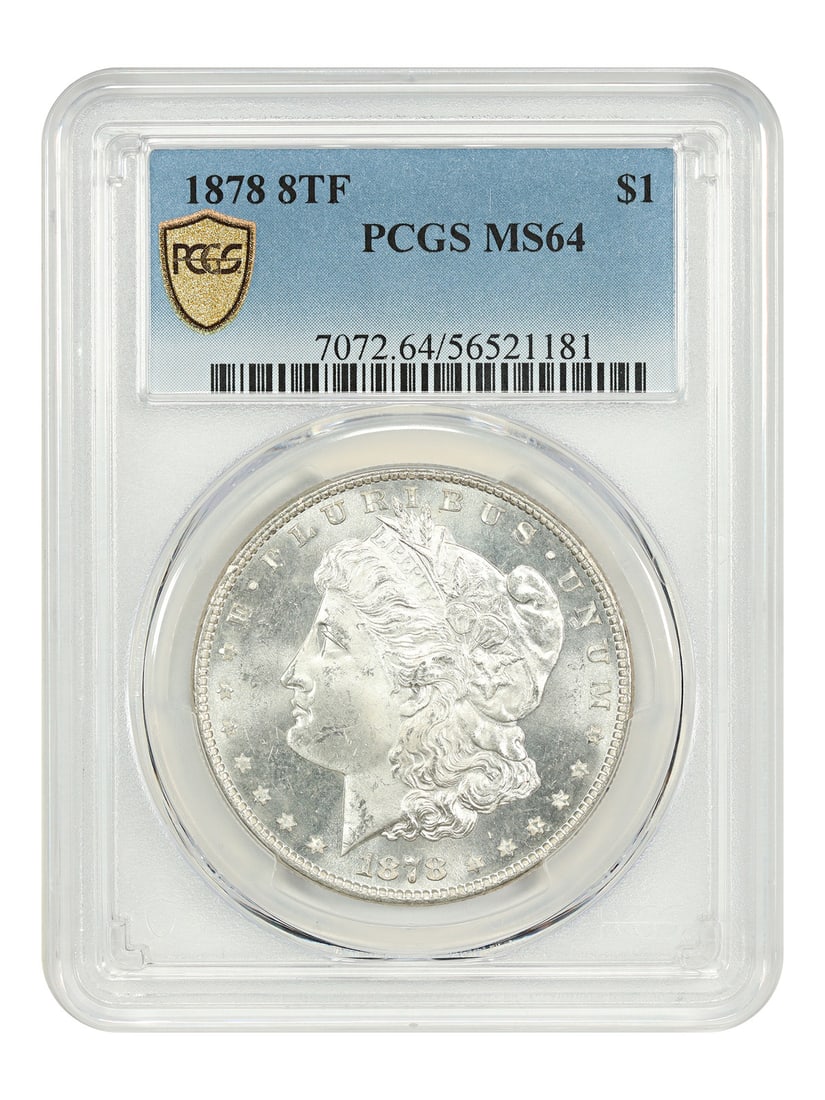 PCGS MS64 1878 Eight Tailfeather Morgan Silver Dollar Philadelphia Mint: PCGS MS64 1878 Eight Tailfeather Morgan Silver Dollar Philadelphia Mint This 1878 Morgan Dollar features the rare 8 Tailfeather variety and is graded MS64 by PCGS. Struck in Philadelphia, this uncircu