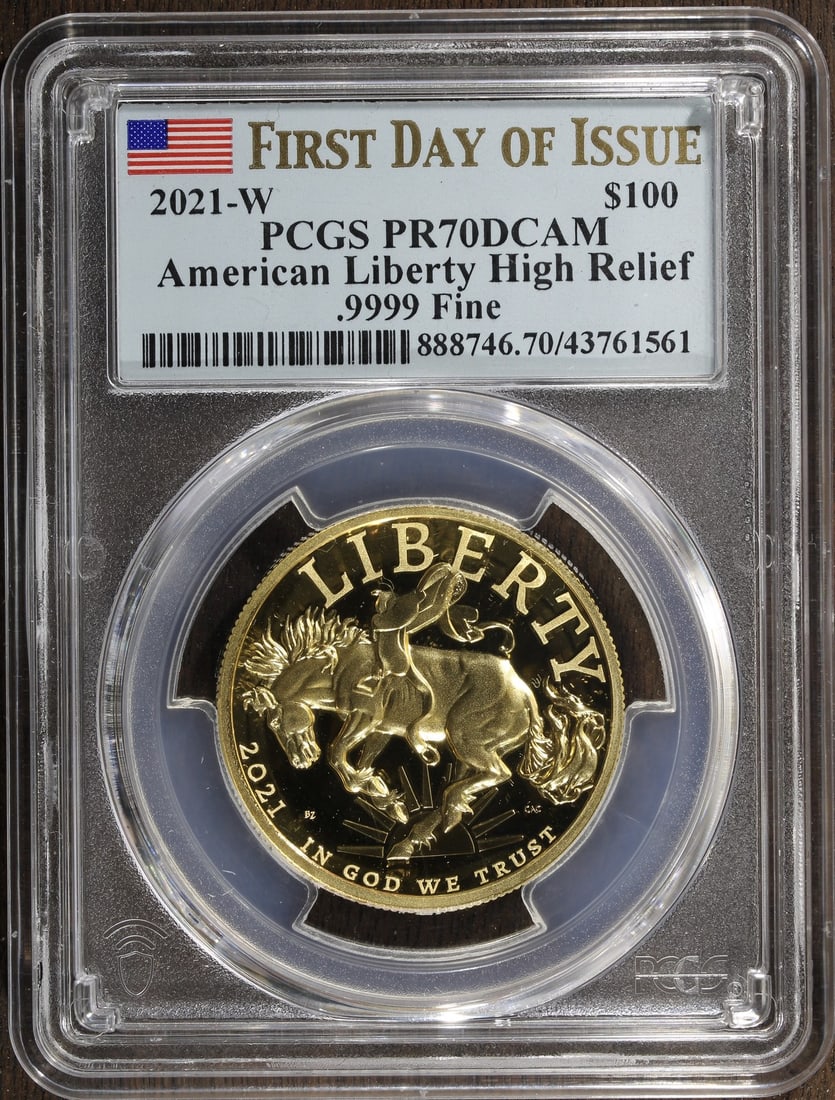 PCGS PR70 2021-W High Relief Gold American Liberty $100 Proof FDOI 1 oz: PCGS PR70 2021-W High Relief Gold American Liberty $100 Proof FDOI 1 oz This is a 2021-W American Liberty High Relief $100 gold coin, featuring a proof strike and certified by PCGS as PR70 Deep Cameo 
