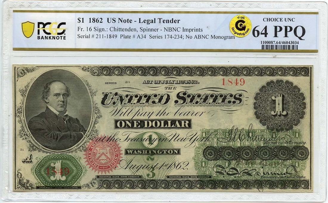 1862 $1 Legal Tender Note PCGS CU64 PPQ Uncirculated: 1862 $1 Legal Tender Note PCGS CU64 PPQ Uncirculated This 1862 $1 Legal Tender Note is a remarkable piece for collectors. Graded as MS64 by PCGS, it showcases a pristine condition with the designation