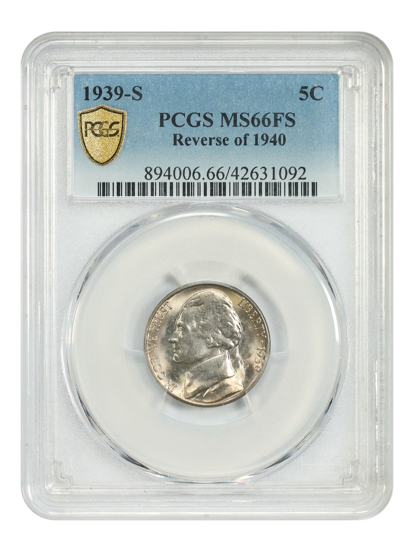 PCGS MS66FS 1939-S Jefferson Nickel Reverse of 1940: PCGS MS66FS 1939-S Jefferson Nickel Reverse of 1940 This is a 1939-S Jefferson Nickel, graded MS66FS by PCGS, featuring the Reverse of 1940. Struck at the San Francisco Mint, this uncirculated 5-cent 