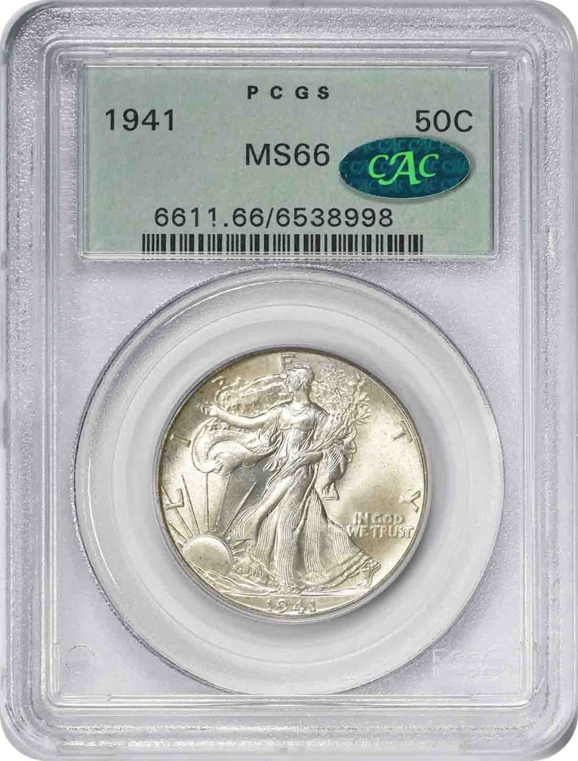 1941 Liberty Walking Half Dollar MS66 PCGS OGH CAC Silver Coin: 1941 Liberty Walking Half Dollar MS66 PCGS OGH CAC Silver Coin This 1941 Walking Liberty Half Dollar is graded MS66 by PCGS in an Old Green Holder (OGH) and is CAC approved. Struck at the Philadelphia