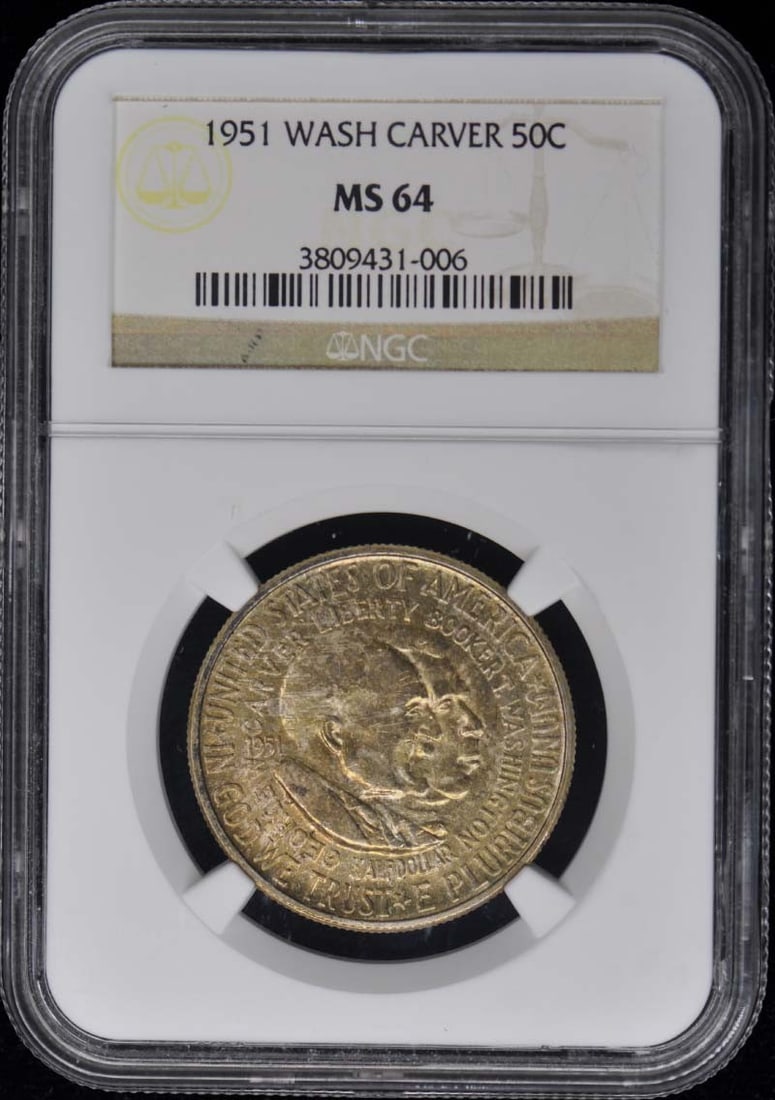 1951 Washington-Carver Silver Half Dollar NGC MS64 Philadelphia Mint: 1951 Washington-Carver Silver Half Dollar NGC MS64 Philadelphia Mint This is a 1951 Washington-Carver commemorative 50 cent coin, certified by NGC with a grade of MS64. The coin was minted in Philadel