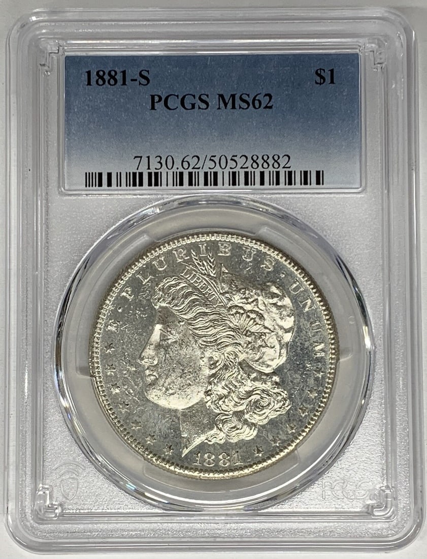 PCGS MS62 1881-S Morgan Dollar Silver Uncirculated Coin: PCGS MS62 1881-S Morgan Dollar Silver Uncirculated Coin This is an uncirculated 1881-S Morgan Silver Dollar graded MS 62 by PCGS. The coin is composed of silver and has been certified for its authenti
