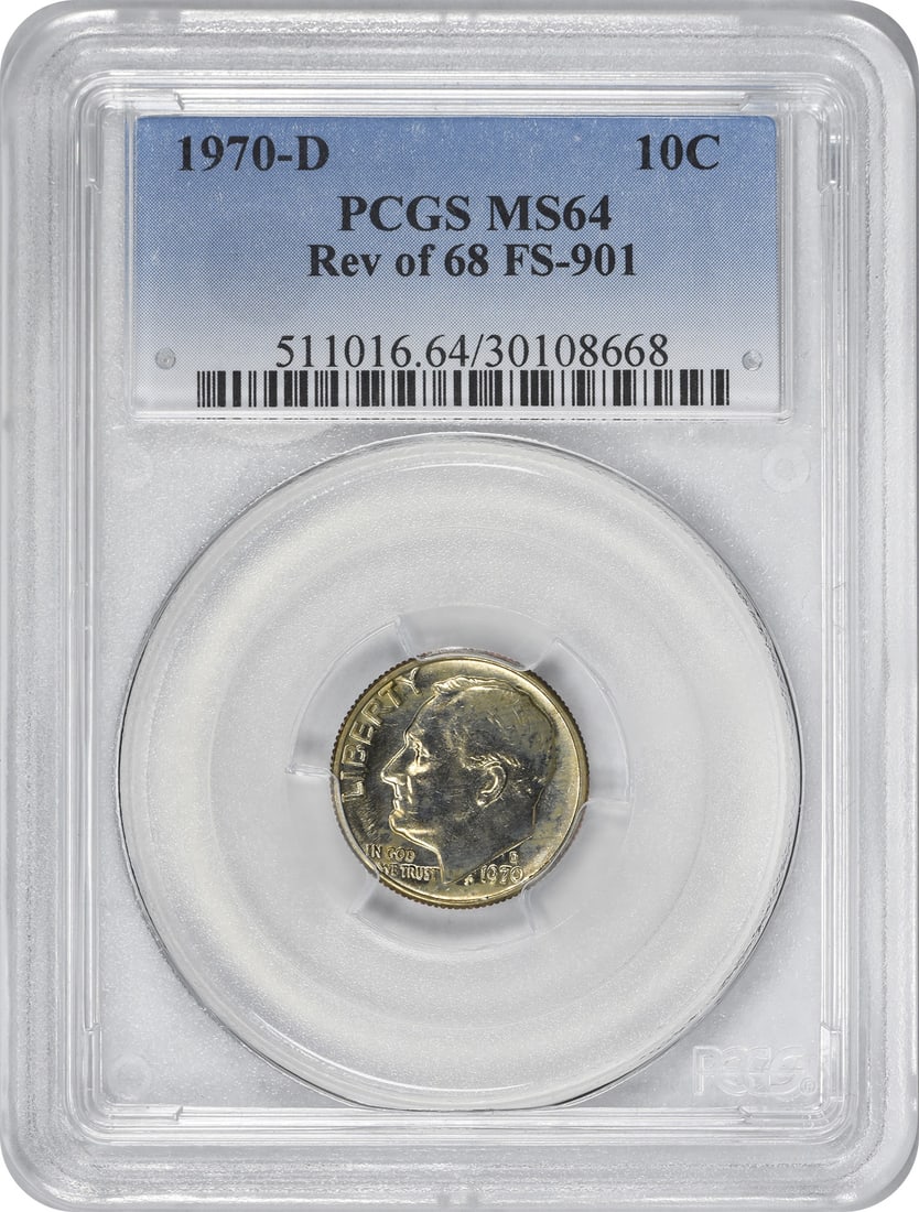 1970-D Roosevelt Dime Reverse of 1968 MS64 PCGS Certified: 1970-D Roosevelt Dime Reverse of 1968 MS64 PCGS Certified This 1970-D Roosevelt Dime features the reverse design from 1968 and is graded MS64 by PCGS, ensuring its high quality. It is an uncirculated 
