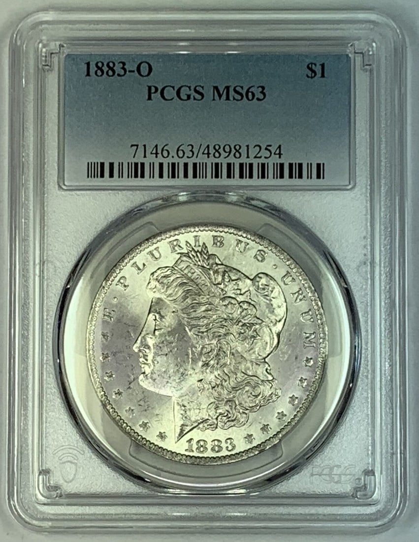 PCGS MS 63 1883-O Morgan Silver Dollar Uncirculated $1 Coin: PCGS MS 63 1883-O Morgan Silver Dollar Uncirculated $1 Coin This 1883-O Morgan Silver Dollar is certified by PCGS with a grade of MS 63. Minted in the United States, this uncirculated coin is composed