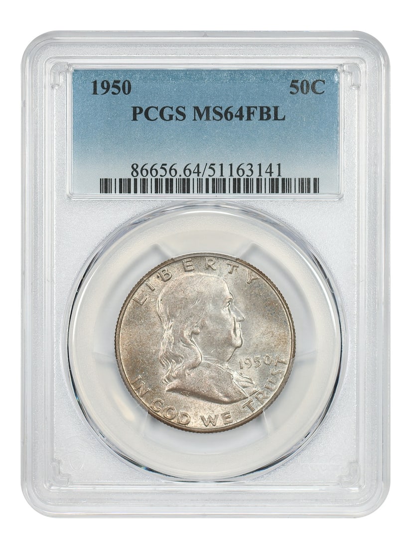 1950 Franklin 50C Half Dollar PCGS MS64 FBL Philadelphia Mint: 1950 Franklin 50C Half Dollar PCGS MS64 FBL Philadelphia Mint This 1950 Franklin Half Dollar is graded MS64FBL by PCGS, indicating a high-quality, uncirculated coin with full bell lines. Minted in Phi