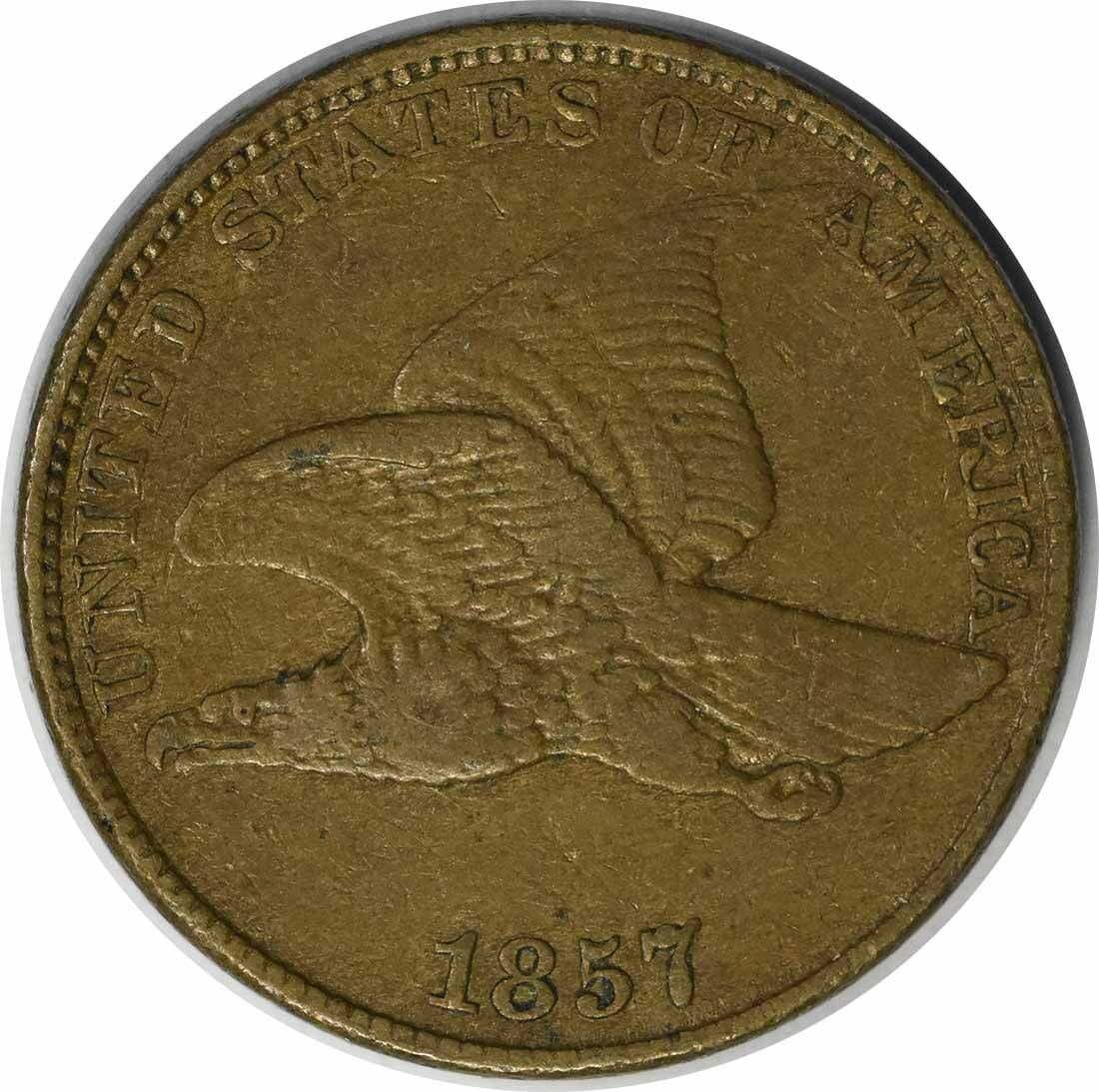 1857 Flying Eagle Cent DDO S-3 FS-105 Uncertified Copper Nickel: 1857 Flying Eagle Cent DDO S-3 FS-105 Uncertified Copper Nickel This 1857 Flying Eagle Cent features a striking design by James Barton Longacre. It is a circulated coin from the Philadelphia mint, wit