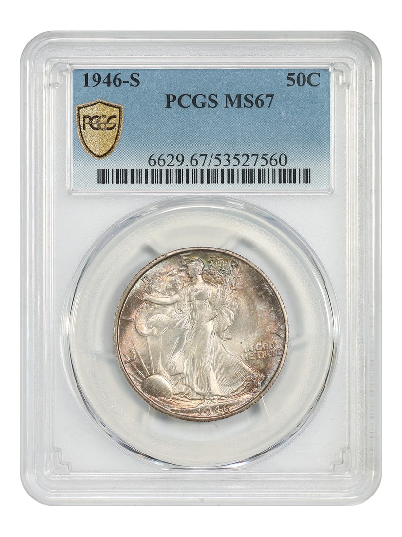 PCGS MS67 1946-S Walking Liberty San Francisco Half Dollar: PCGS MS67 1946-S Walking Liberty San Francisco Half Dollar This 1946-S Walking Liberty Half Dollar is PCGS certified MS67, indicating an uncirculated coin with exceptional quality. The coin features d